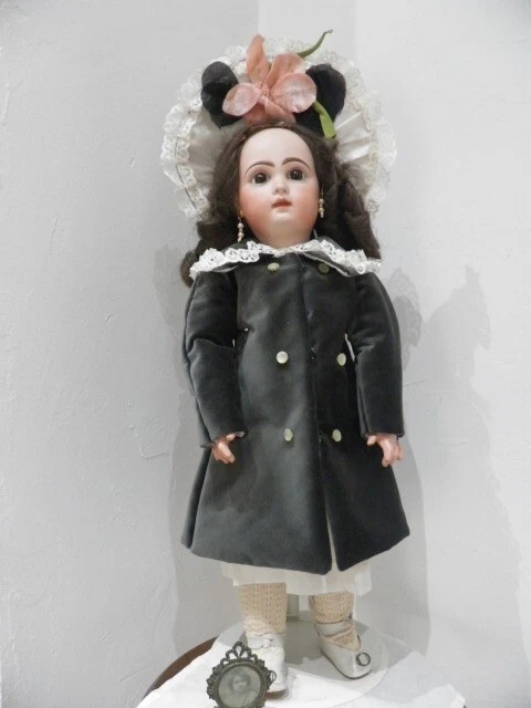 Superbe Ensemble 3 Pieces Velours Gris Et Soie Creme Style 1880 Poupee 50/52 Cm