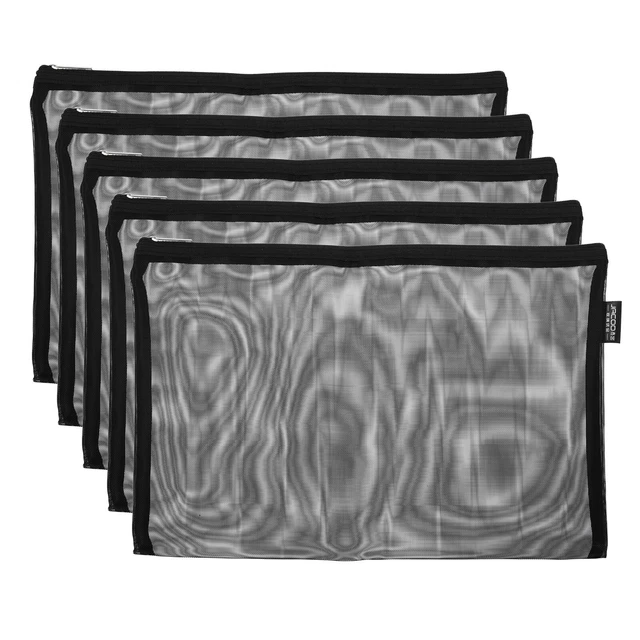 5pcs Mesh Cosmetic Bags, A4 Nylon Zipper Bag Travel Toiletry Pouch Black