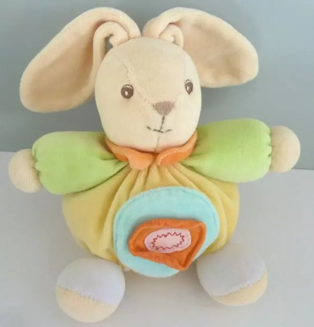 E9. DOUDOU BOULE KALOO LAPIN JAUNE BRAS VERT ROND BLEU ORANGE 19cm EXCELL. ETAT