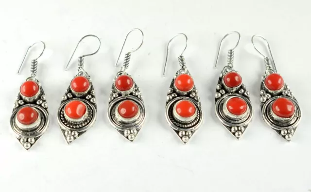 Red Coral 2Pcs Gemstone 925 Silver Plated Earring Ethnic Jewelry Wholesale Lot