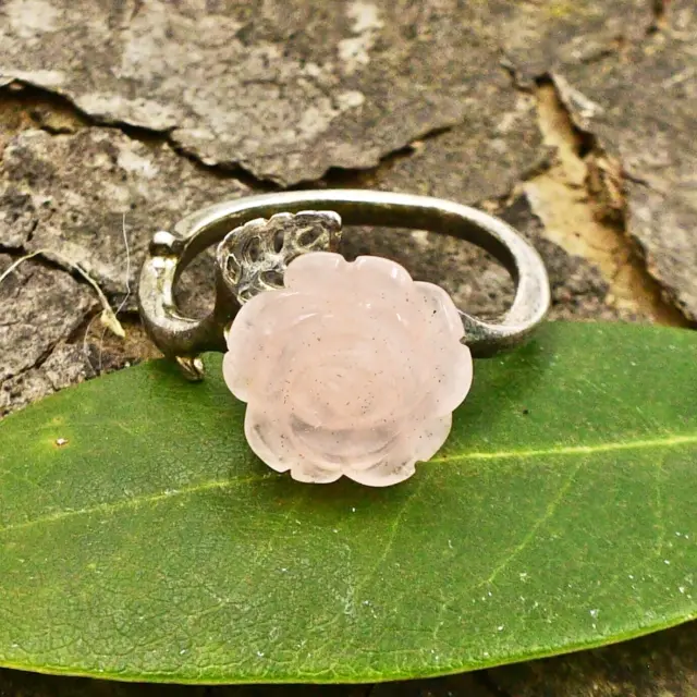 Sterling Silver 925 Carved Pink Rose Organic/Nature Ring Size 7.5