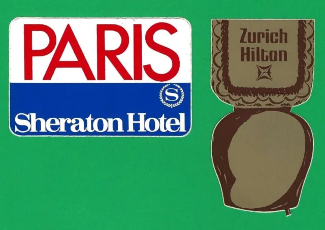 Paris Sheraton, Zurich Hilton Cowbell Hotel Luggage Stickers Decals Vintage 1983