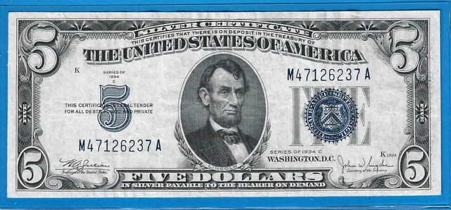 1934 C $5 Silver Certificate,Blue Seal,Circ Crisp VF,Nice!