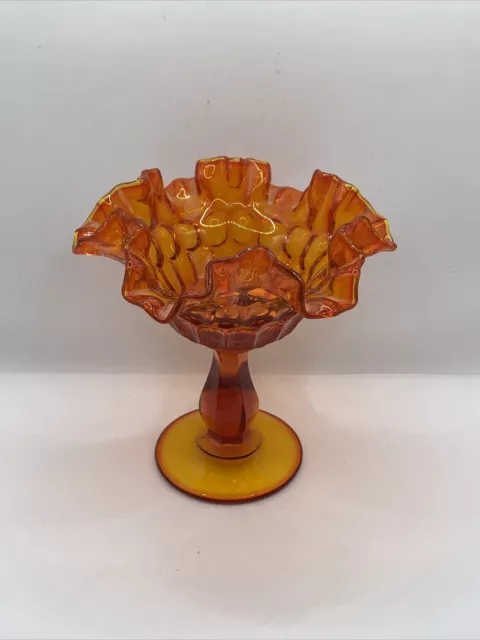 GLOWS Fenton Fiery Amberina Ruffled Thumbprint Pedestal Compote Candy Dish 6”T