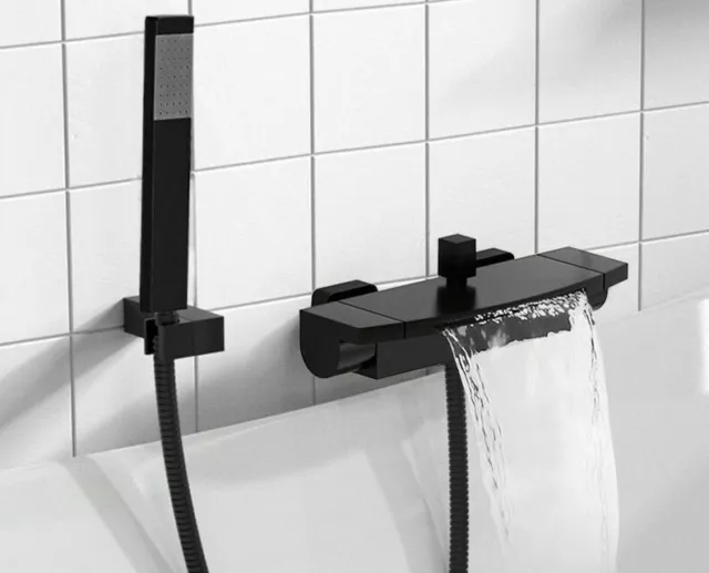 Grifo de bañera en cascada negro con pulverizador de ducha de mano grifo montaje en pared