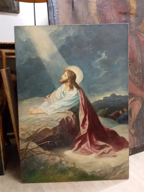 Grande olio su tela antico Cristo nell' orto 1850 circa Grande olio su tela antico Cristo nell' orto 1850 circa
