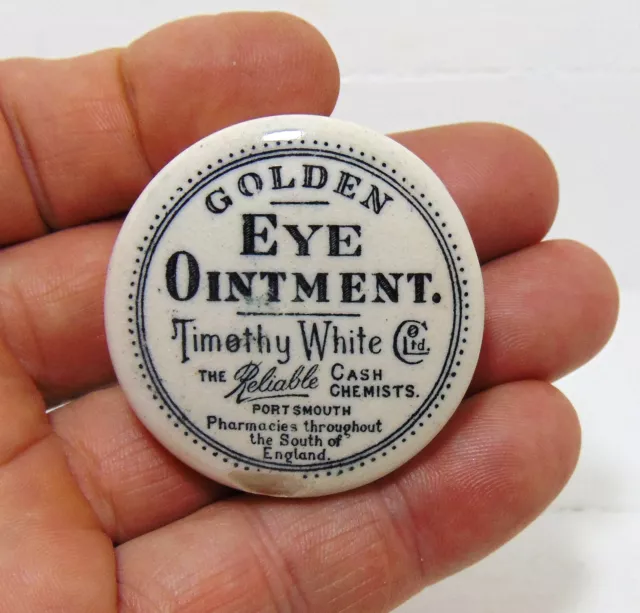 Mini Size Timothy White Portsmouth Golden Eye Ointment Pot Lid & Base c1910's