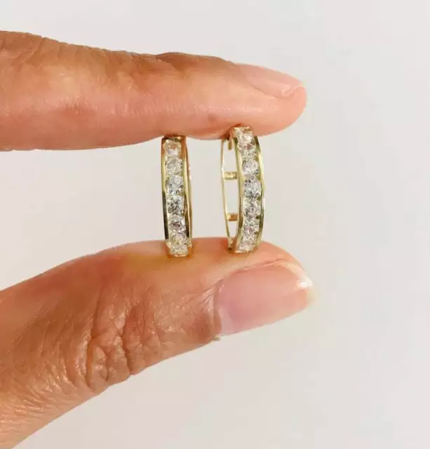 10K Solid  Gold Cz Huggie Hoop Earrings - 3mm x 17mm Hoop Earrings - EGE34