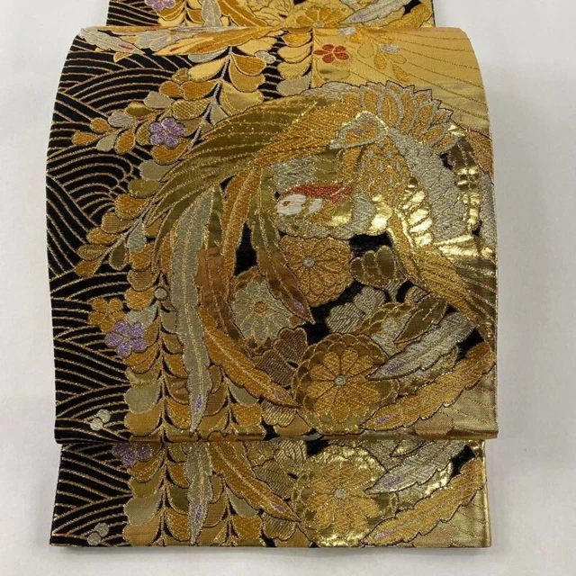 Woman Japanese Kimono Fukuroobi Silk Bird Wisteria Foil Gold Silver Thread