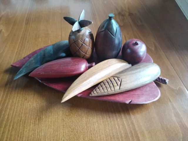 Vintage Wooden Carved Bowl Leaf Filled Fruit With Various Wooden  fruit.