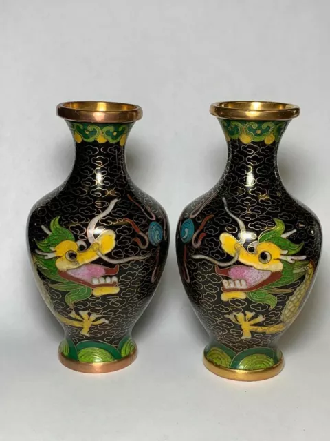 Pair of Vintage Chinese Dragon Cloisonne Vases