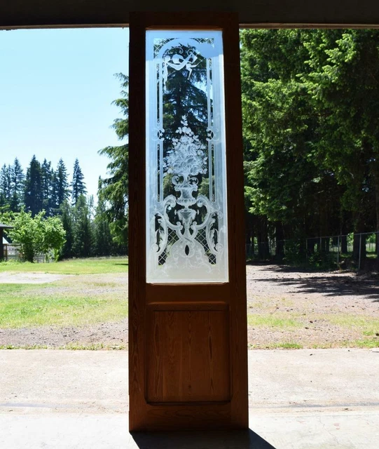 *85" Tall Antique French Etched Glass Pine Door Frosted Glass With Flowers