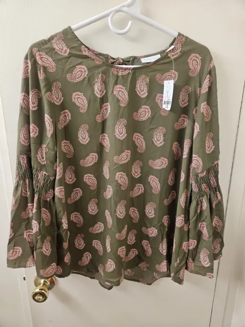 New York & Company Blouse Womens  Size Large Green Pink Paisley Bell Sleeve NWT