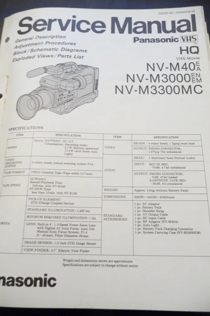 SERVICE REPARATION POUR Panasonic NV-M40/NV-M3000/NV-M3300MC