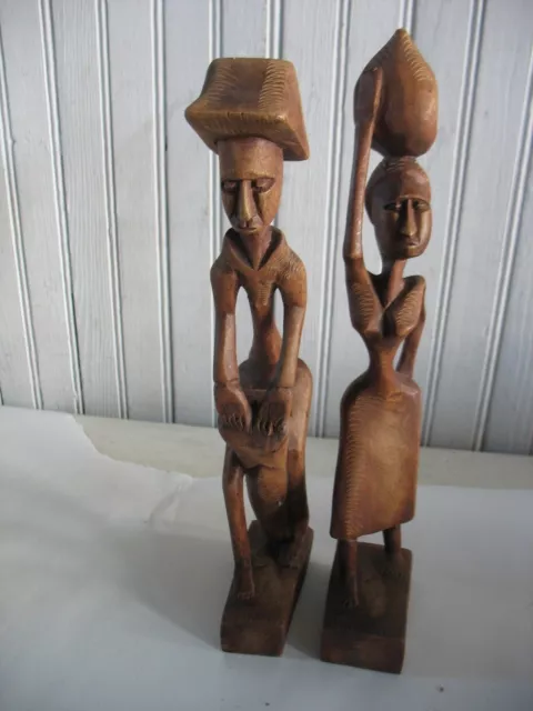 PAIR Antique African Tribal Carved Wood Standing Statue Sculptures Man Woman