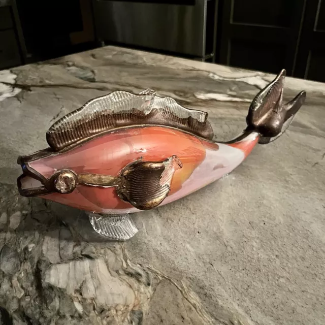Romanian Art Glass Fish w/Copper Overlay - Signed Yiali