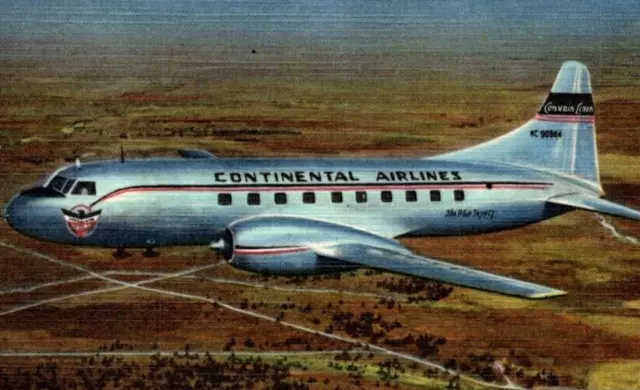 Continental Airlines Convair Liner Aerial Ralph Morgan 1949 Linen postcard BP2