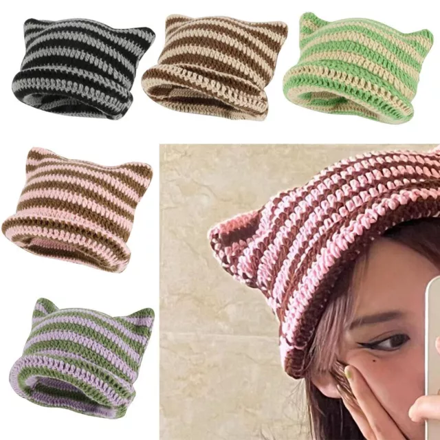 Cute Cat Ears Striped Ins Little Devil Japanese Beanie Hat Knitted Wool Cap