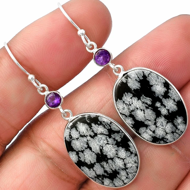 Snow Flake Obsidian & Amethyst 925 Sterling Silver Earrings Jewelry E-1002