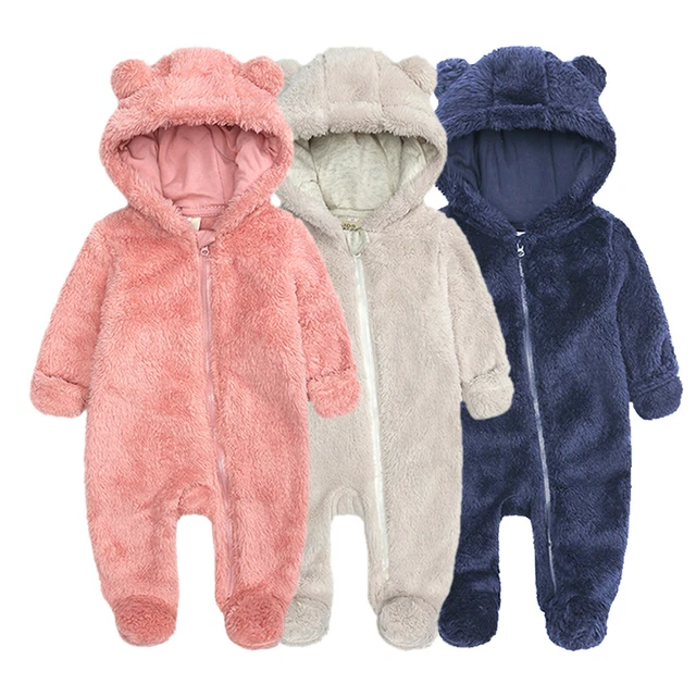 Newborn Baby Boys Winter Fleece Jumpsuit Solid Hooded Romper Zipper Coat Outwear