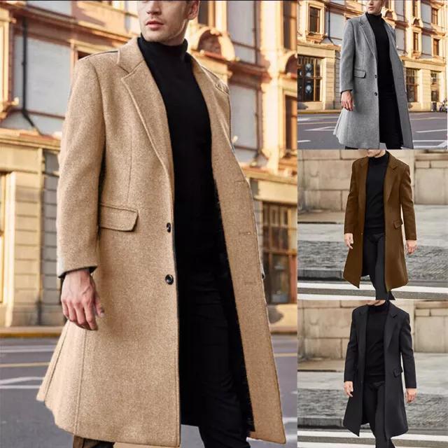Mens Winter Trench Coat Long Jacket Lapel Neck Outwear Single Breasted Overcoat