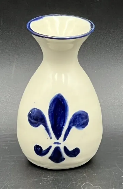 SIGNED Small Blue & White Pottery Bud Vase Stoneware Fleur-De-Lis 3”