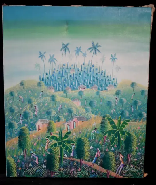 Tableau huile sur toile paysage animé personnages école Haïtienne signé XXème