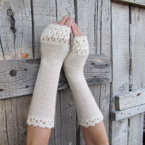 Handmade Knit Crochet Wool Fingerless Womens Long Gloves White Wedding Bridal OS 3