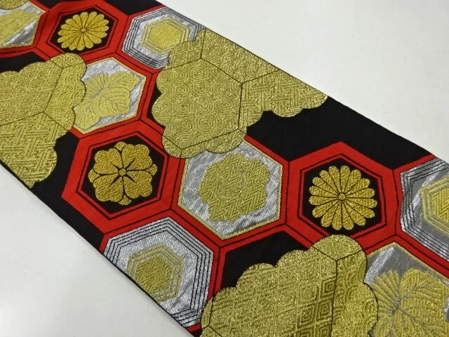 6860275: Japanese Kimono / Antique Fukuro Obi / Woven Paulownia & Kiku