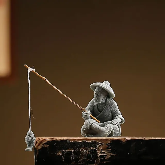 Ciment Mini statue de pêcheur Figurines de pêche assis  Réservoir de poissons