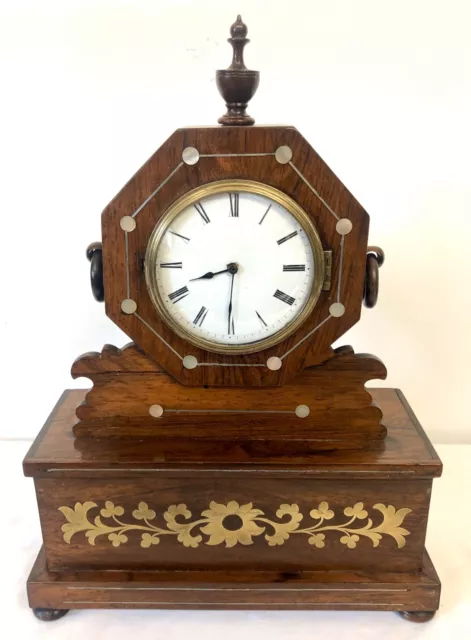 Antique French Rosewood & Mother of Pearl & Brass Inlaid Mantel Bracket Clock