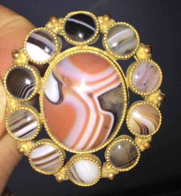 Antique Victorian Scottish Banded Agate Gold Gilt Brooch Pin Flower 19th Century