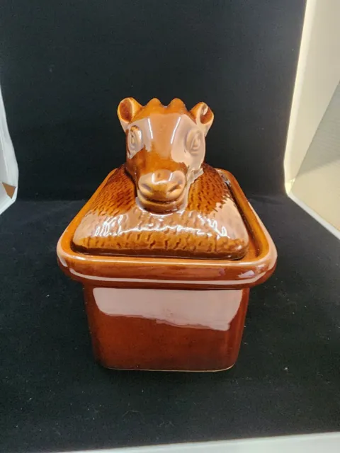 Vintage Brown Glazed Ceramic Majolica  Deer Head Pate Tureen Butter Dish