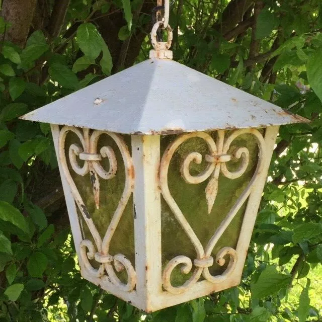 Fabulous 19th cent FRENCH Antique Hd WROUGHT IRON LANTERN SHABBYCHIC White Paint