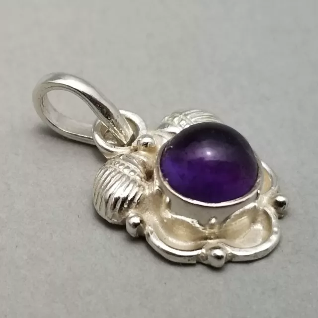 Solid Sterling Silver Small Amethyst Cabochon Necklace Pendant 925 - 1.8g