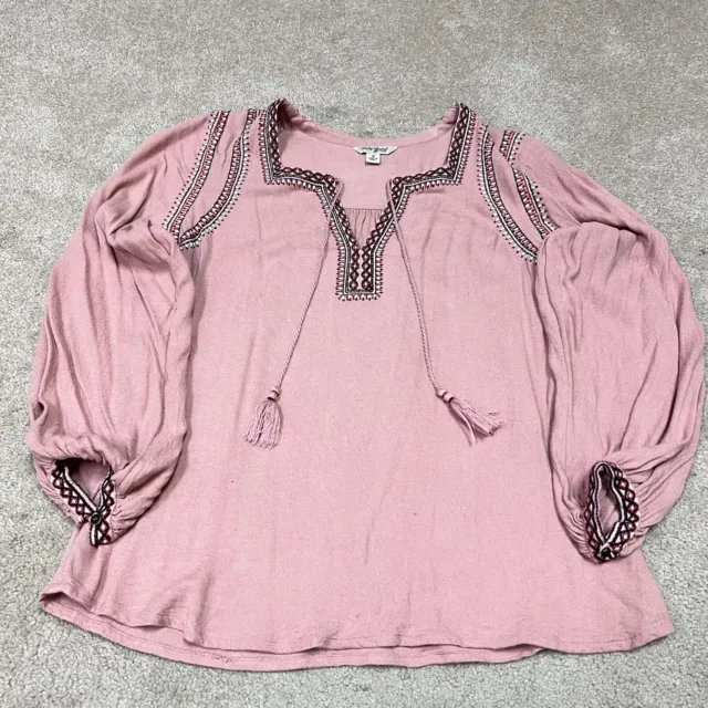 Lucky Brand Blouse Women’s Pink Long Sleeve V Neck Tasseled Sz Small Embroidered