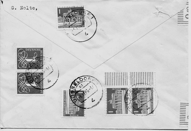 Bund 1 Pfg. Ziffern  + Berlin 1 Pfg. Freimarke Brief gest. Düsseldorf 1966 2