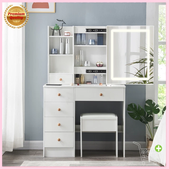 Modern Dressing Table Vanity Set LED Mirror Drawers Storage Makeup Desk + Stool