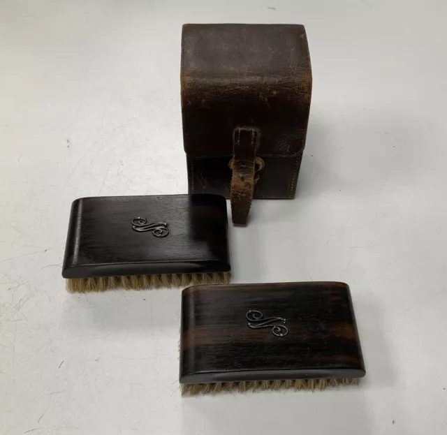 Vintage Handmade Ebony Wood Military Brush Set In Leather Case