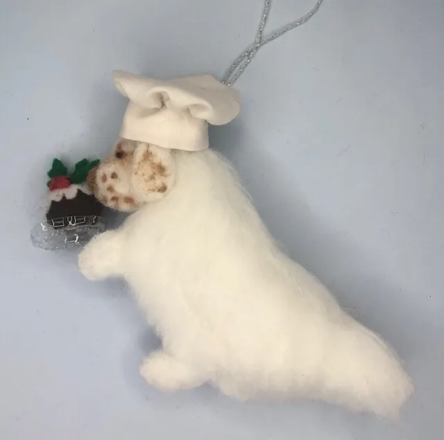 CLUMBER SPANIEL CHEF with CHRISTMAS PUDDING -  PART NEEDLE FELTED DOG,,