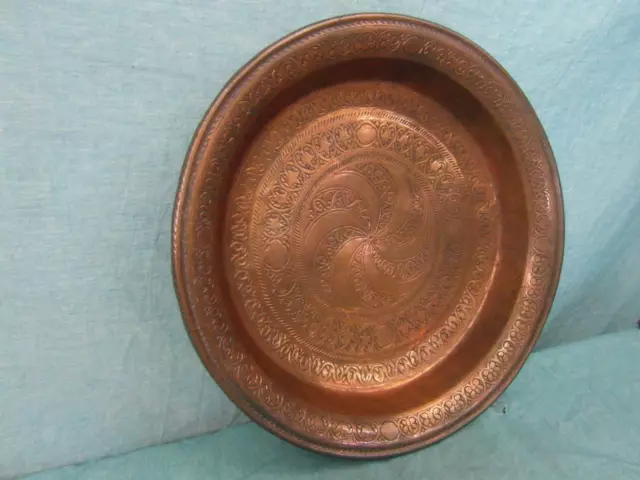 Tablett Antik Kupfer Verziert Servierhilfe Schale Arabisch Schwer 29,8 cm 13c9 3