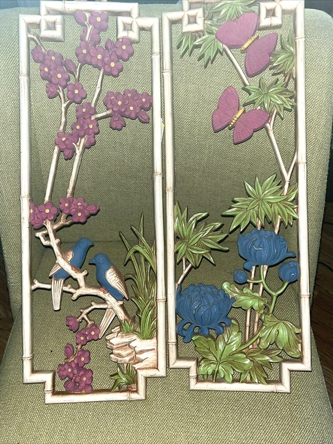 Pair of Vintage Floral MCM Wall Hangings (No Mirrors) Birds, Butterflies Bright
