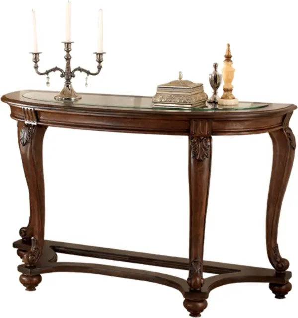 Norcastle Traditional Half Moon Sofa Table with Beveled Glass Top and Scrollwork