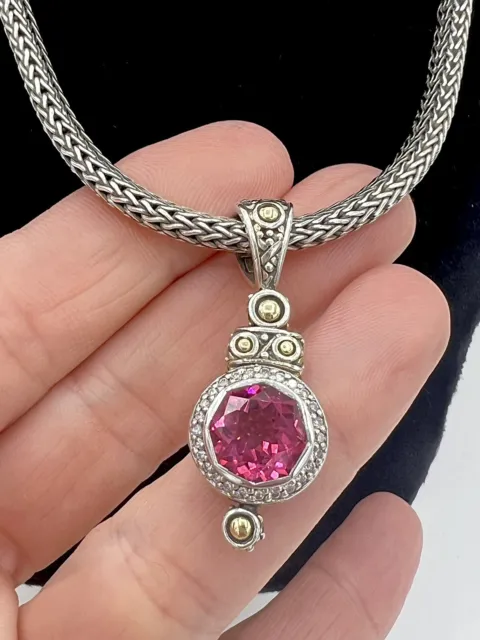 John Hardy 18K & Sterling Batu Sari Diamond Pink Topaz Pendant Necklace Chain