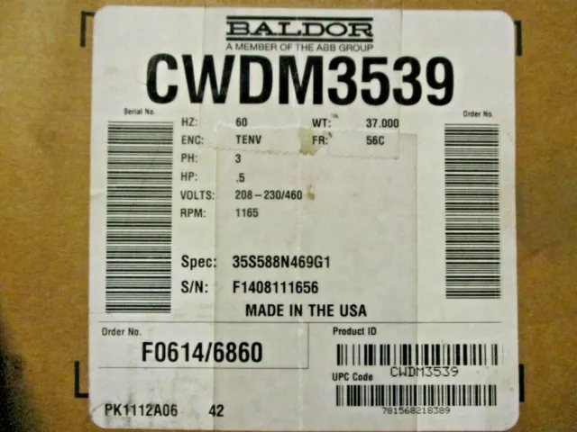 NEW .5 HP Baldor CWDM3539 Washdown Duty Motor 1165 RPM 208-230/460V