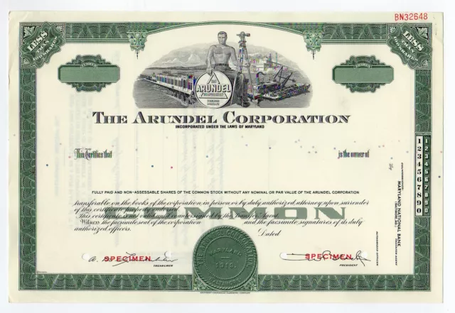 SPECIMEN - The Arundel Corporation Stock Certificate