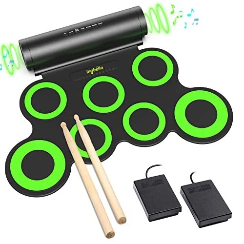Electronic Drum Set, Roll Up Drum Practice Pad Midi Drum Kit with Built green