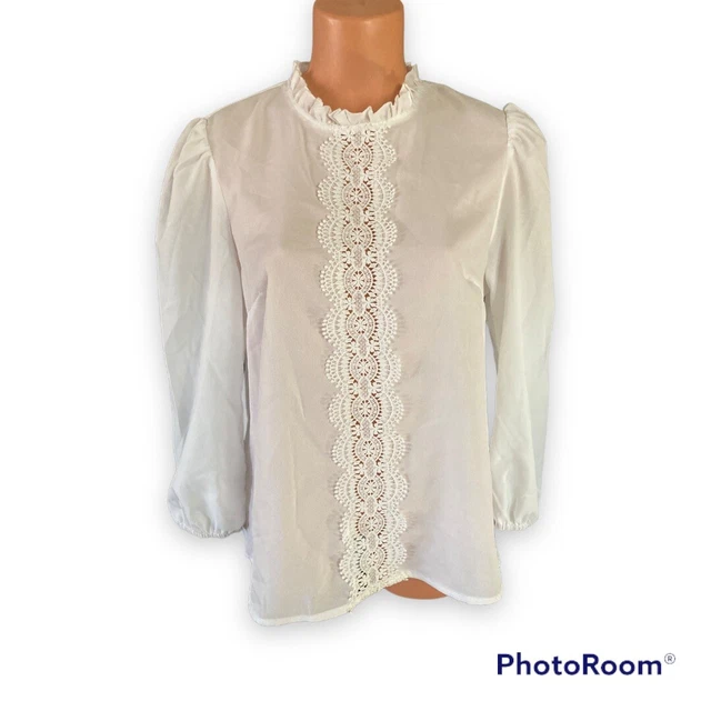 VINTAGE 70’s HANDMADE TOP White hippie blouse lace Large Career Peasant Sheer