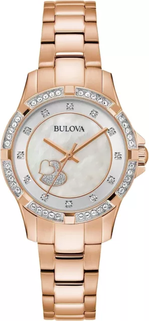 Bulova Ladies' Crystal Rose Gold Stainless Steel 3-Hand Quartz, with Hearts