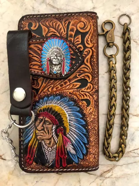 Indian Chief Carved Wallet Hendmade Cowboy Wallet Mens Bifold Wallet Gift 116